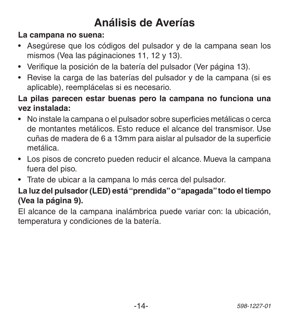 Análisis de averías | Heath Zenith Lighted Wireless Push Button Accessory 598-1227-01 User Manual | Page 14 / 24