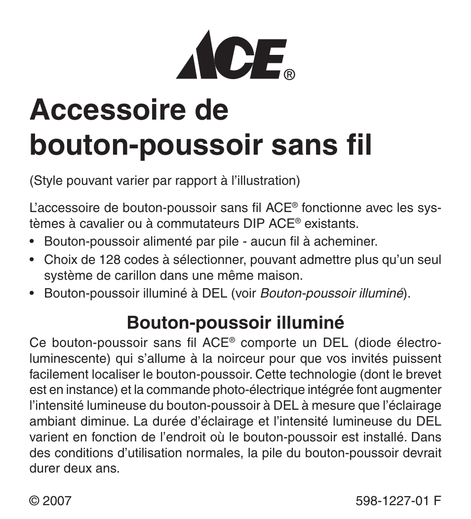 Accessoire de bouton-poussoir sans fil, Bouton-poussoir illuminé | Heath Zenith Lighted Wireless Push Button Accessory 598-1227-01 User Manual | Page 17 / 24