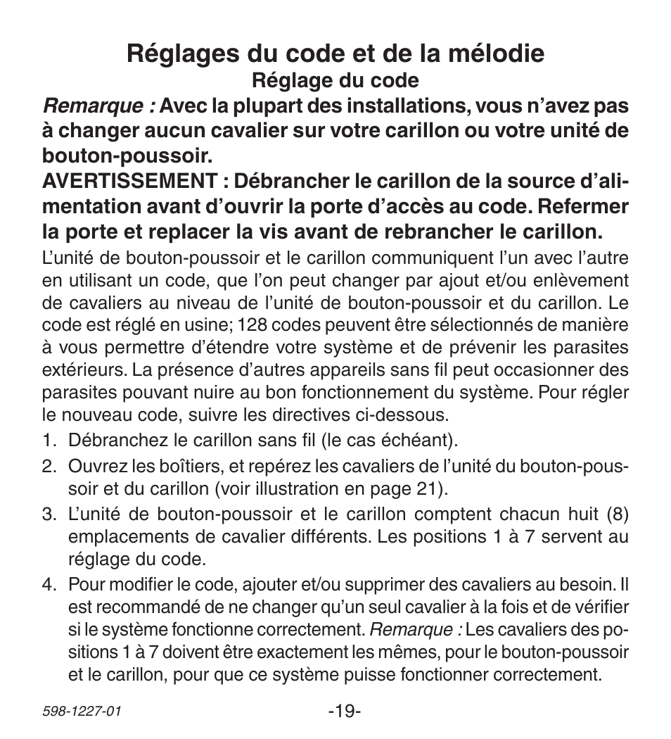 Réglages du code et de la mélodie | Heath Zenith Lighted Wireless Push Button Accessory 598-1227-01 User Manual | Page 19 / 24