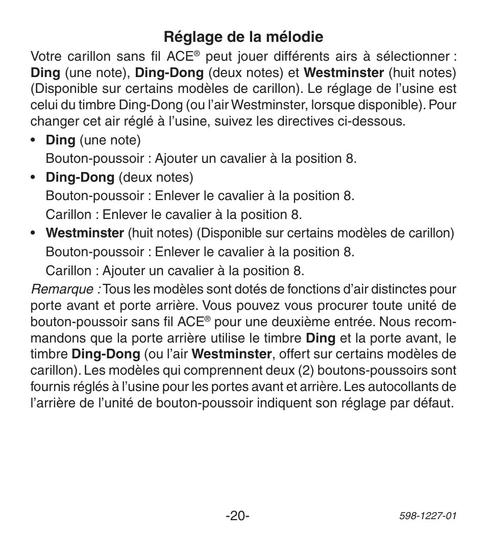 Réglage de la mélodie | Heath Zenith Lighted Wireless Push Button Accessory 598-1227-01 User Manual | Page 20 / 24