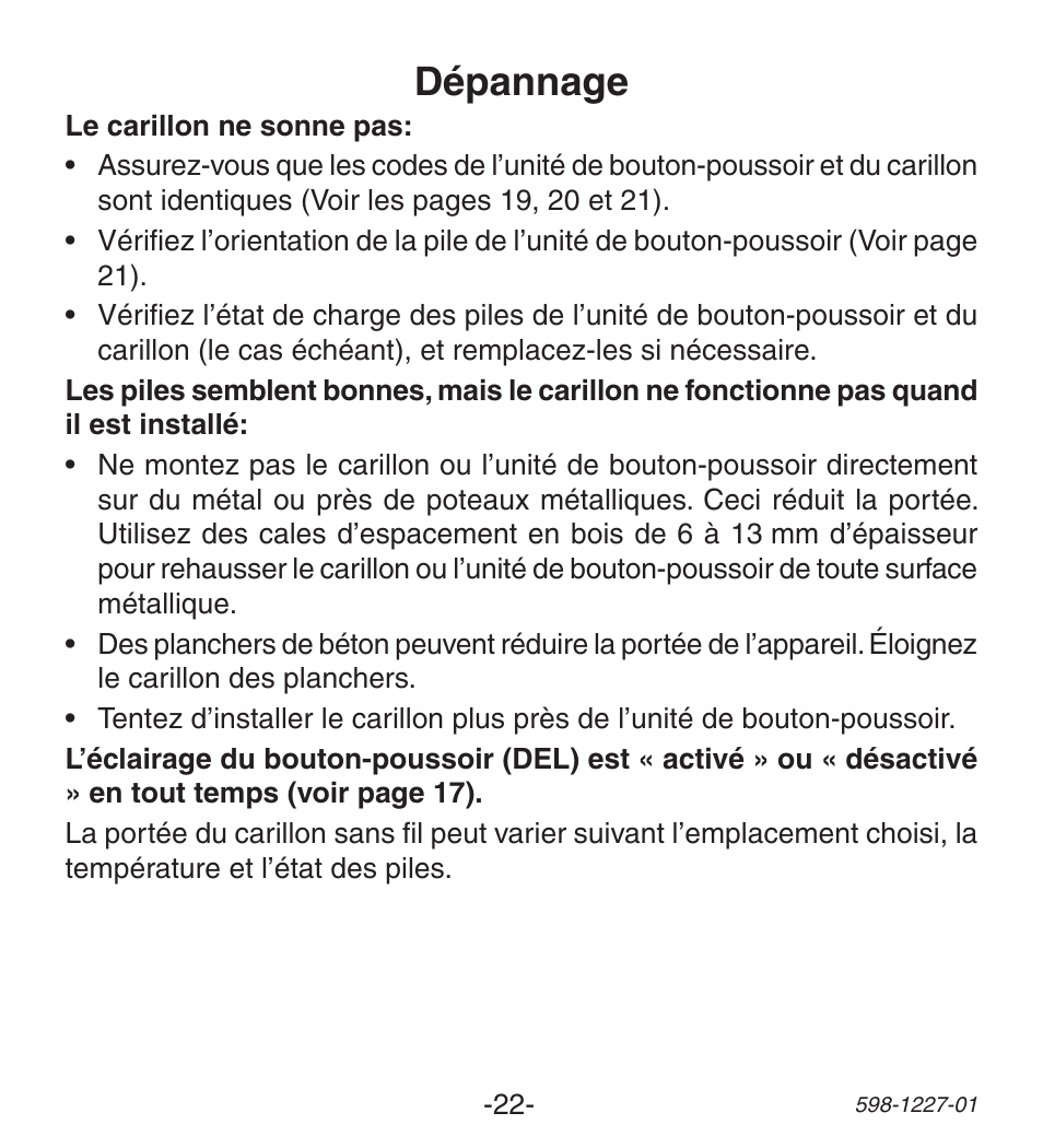 Dépannage | Heath Zenith Lighted Wireless Push Button Accessory 598-1227-01 User Manual | Page 22 / 24