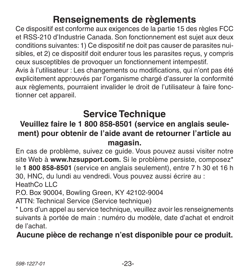 Service technique, Renseignements de règlements | Heath Zenith Lighted Wireless Push Button Accessory 598-1227-01 User Manual | Page 23 / 24
