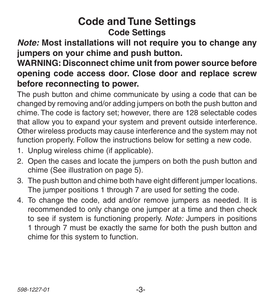 Code and tune settings | Heath Zenith Lighted Wireless Push Button Accessory 598-1227-01 User Manual | Page 3 / 24