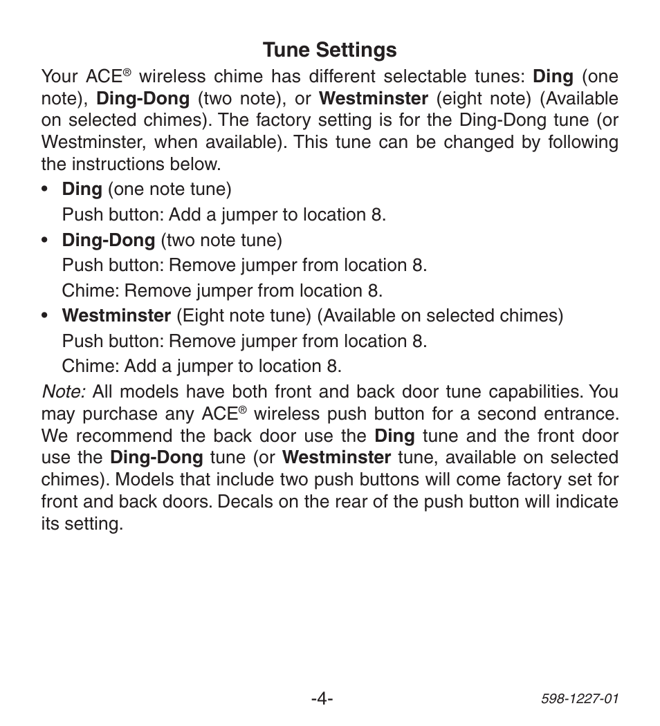 Tune settings | Heath Zenith Lighted Wireless Push Button Accessory 598-1227-01 User Manual | Page 4 / 24
