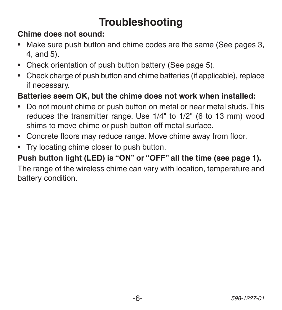 Troubleshooting | Heath Zenith Lighted Wireless Push Button Accessory 598-1227-01 User Manual | Page 6 / 24