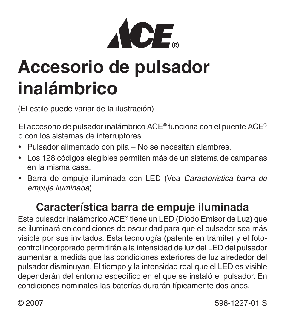 Accesorio de pulsador inalámbrico, Característica barra de empuje iluminada | Heath Zenith Lighted Wireless Push Button Accessory 598-1227-01 User Manual | Page 9 / 24