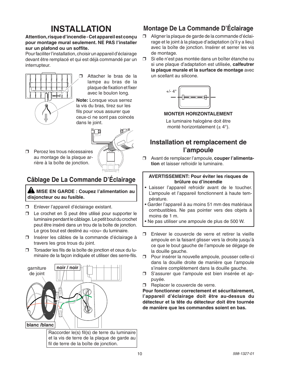 Installation, Montage de la commande d’éclairage, Installation et remplacement de l’ampoule | Câblage de la commande d’éclairage | Heath Zenith SL-5310 User Manual | Page 10 / 12