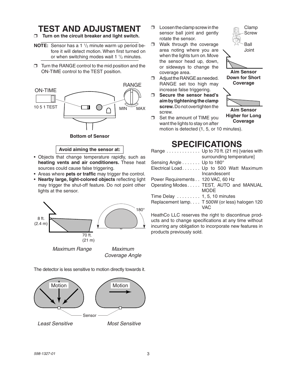 Specifications, Test and adjustment | Heath Zenith SL-5310 User Manual | Page 3 / 12