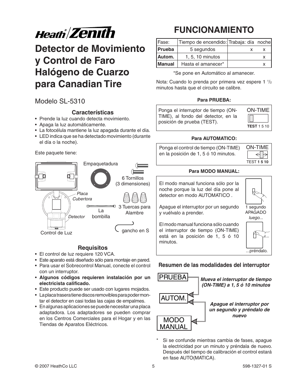 Funcionamiento, Modelo sl-5310, Prueba autom. modo manual | Heath Zenith SL-5310 User Manual | Page 5 / 12