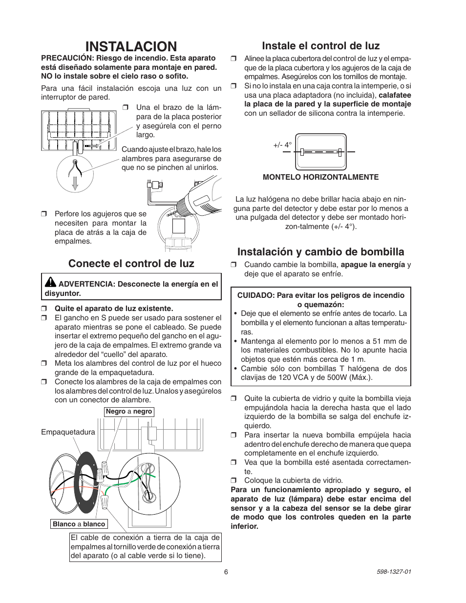 Instalacion, Instalación y cambio de bombilla, Instale el control de luz | Conecte el control de luz | Heath Zenith SL-5310 User Manual | Page 6 / 12