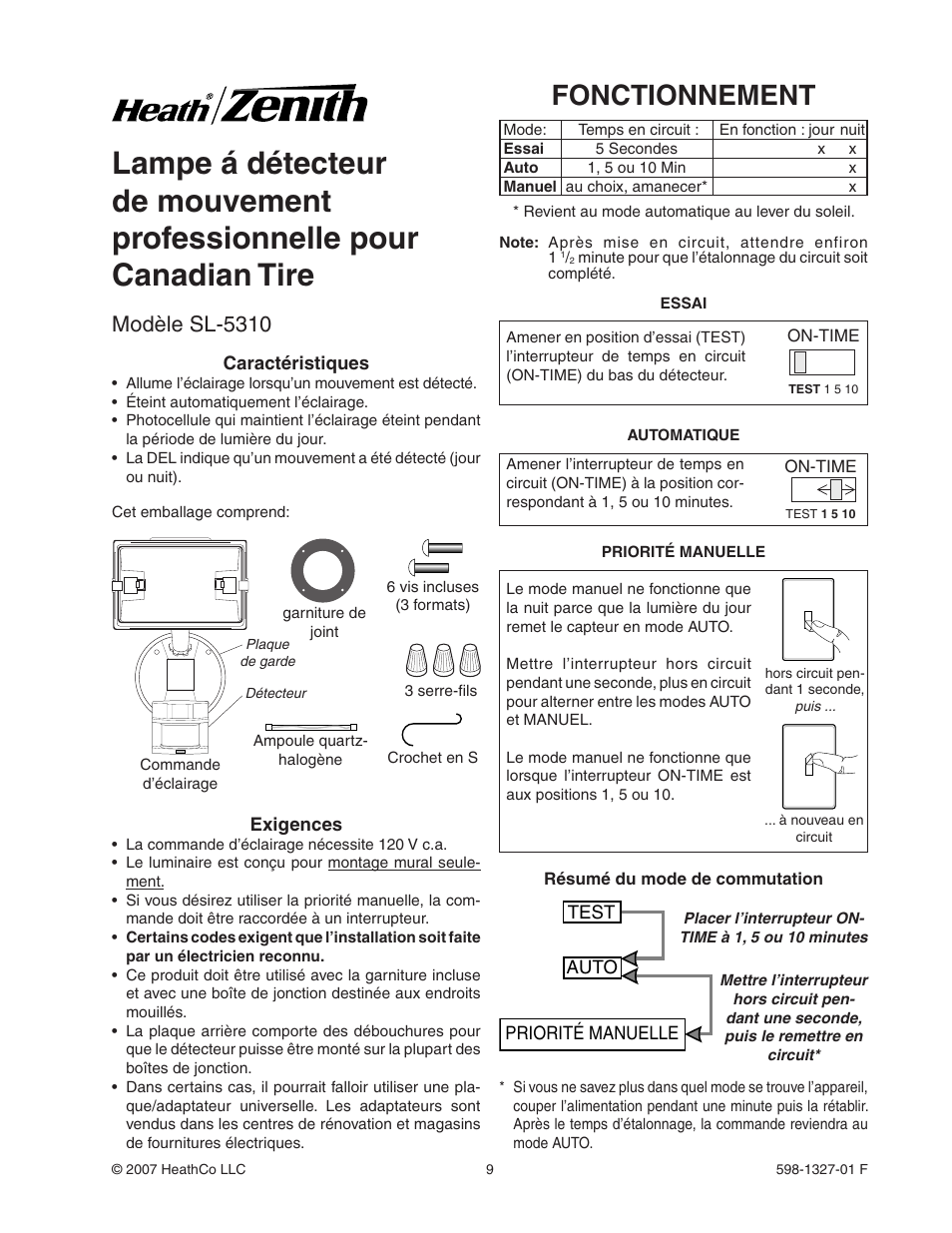 Fonctionnement, Modèle sl-5310 | Heath Zenith SL-5310 User Manual | Page 9 / 12