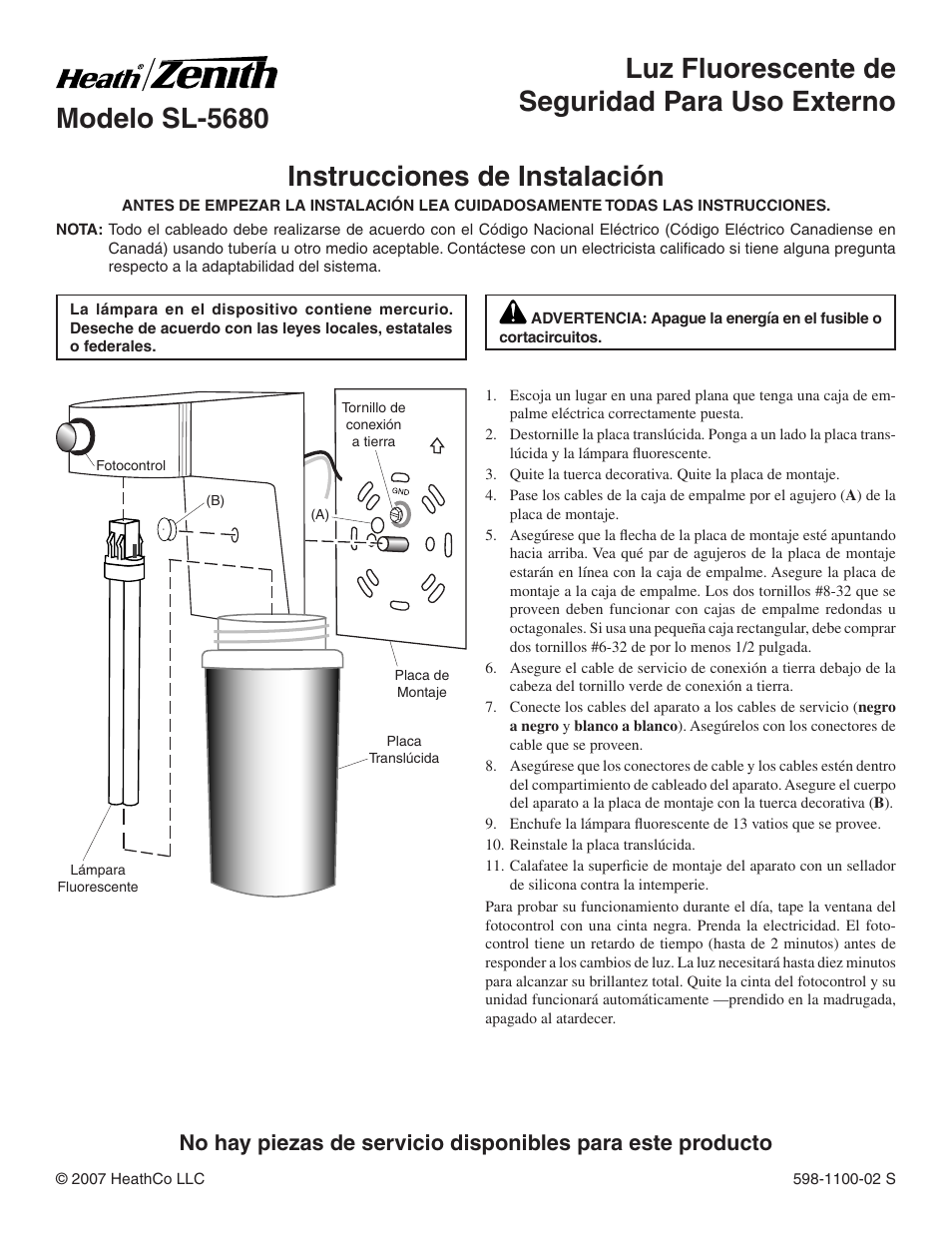 Instrucciones de instalación | Heath Zenith SL-5680 User Manual | Page 2 / 4