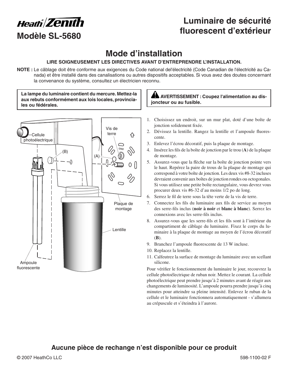 Mode d’installation | Heath Zenith SL-5680 User Manual | Page 3 / 4