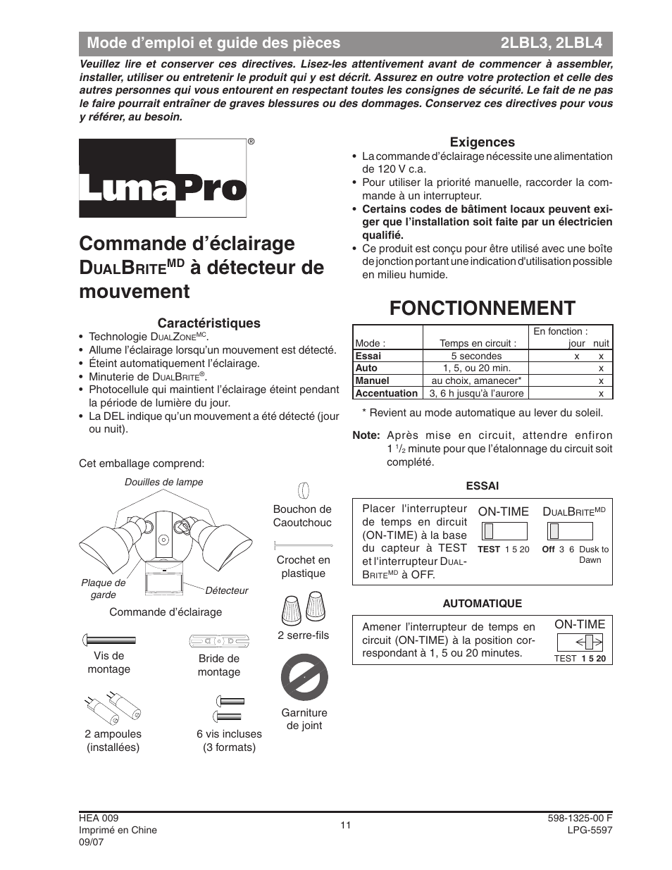 Commande d’éclairage d, À détecteur de mouvement, Fonctionnement | Mode d’emploi et guide des pièces 2lbl3, 2lbl4, Rite | Heath Zenith DualBrite Motion Sensor Light Control 2LBL3 User Manual | Page 11 / 16
