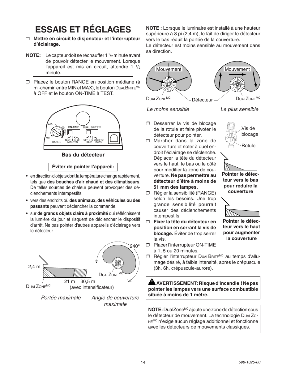 Essais et réglages, Bas du détecteur, Portée maximale angle de couverture maximale | Le moins sensible le plus sensible | Heath Zenith DualBrite Motion Sensor Light Control 2LBL3 User Manual | Page 14 / 16
