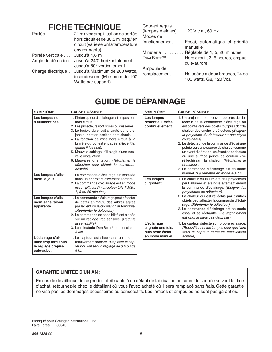 Fiche technique, Guide de dépannage | Heath Zenith DualBrite Motion Sensor Light Control 2LBL3 User Manual | Page 15 / 16