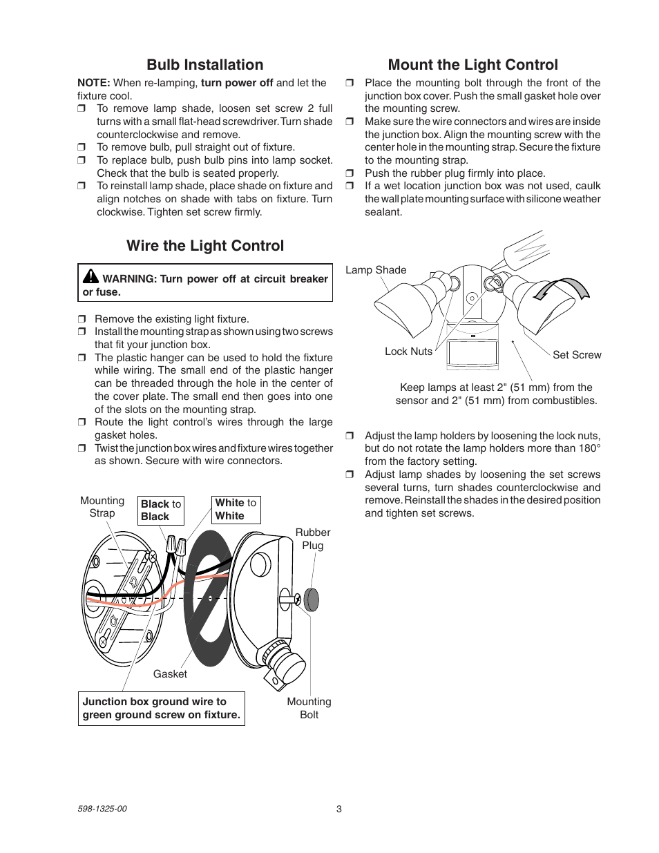 Mount the light control, Bulb installation, Wire the light control | Heath Zenith DualBrite Motion Sensor Light Control 2LBL3 User Manual | Page 3 / 16