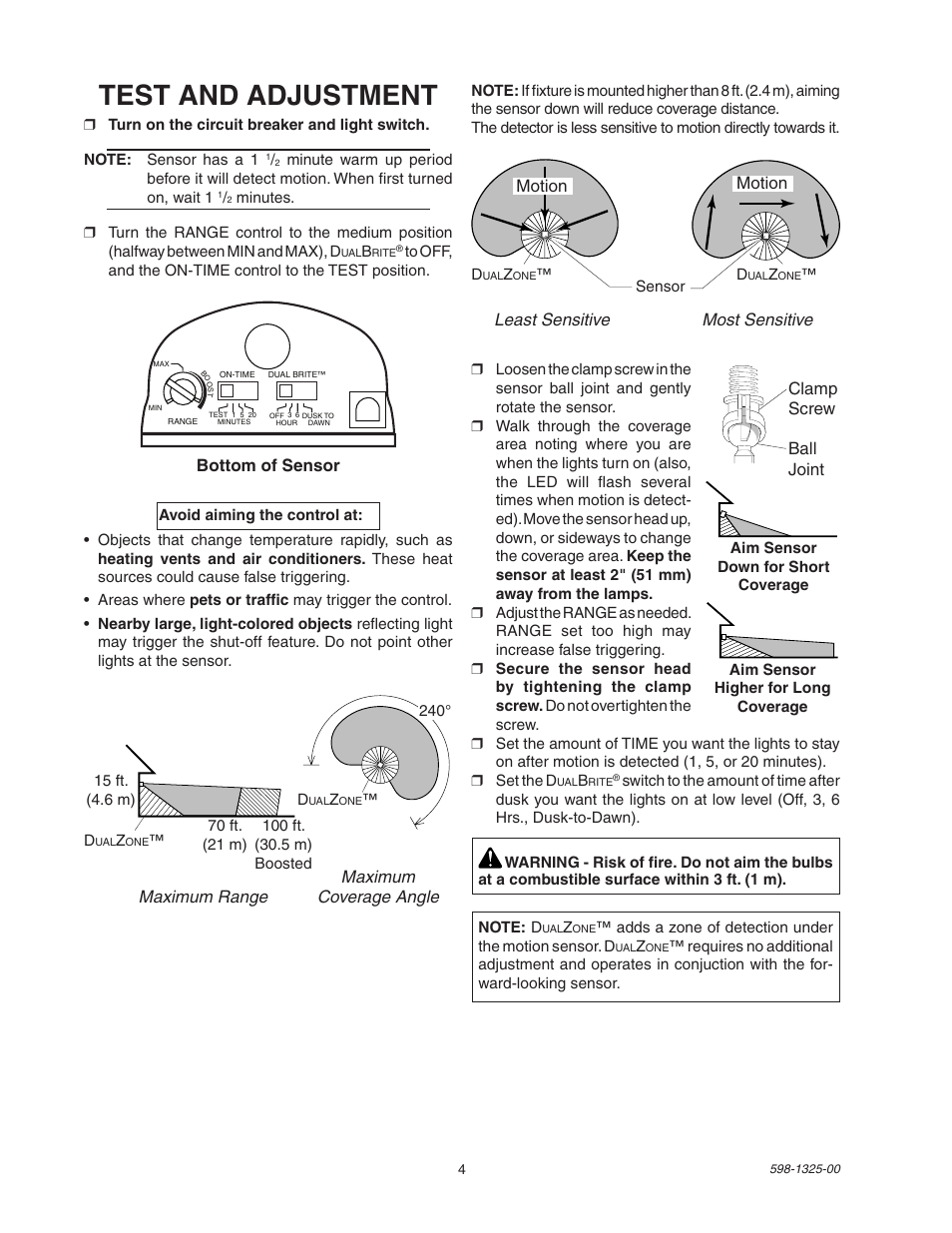 Test and adjustment | Heath Zenith DualBrite Motion Sensor Light Control 2LBL3 User Manual | Page 4 / 16