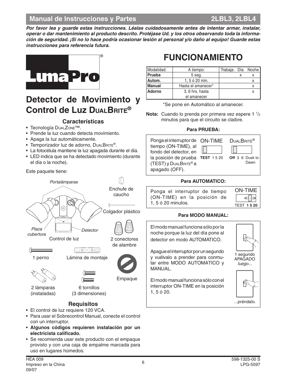 Detector de movimiento y control de luz d, Funcionamiento, Manual de instrucciones y partes 2lbl3, 2lbl4 | Rite | Heath Zenith DualBrite Motion Sensor Light Control 2LBL3 User Manual | Page 6 / 16