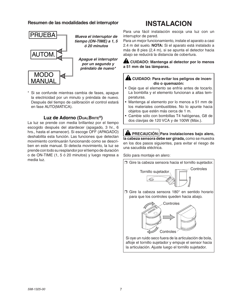 Instalacion, Prueba autom. modo manual | Heath Zenith DualBrite Motion Sensor Light Control 2LBL3 User Manual | Page 7 / 16