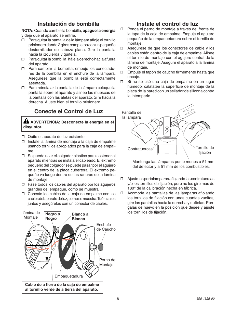 Instale el control de luz, Instalación de bombilla, Conecte el control de luz | Heath Zenith DualBrite Motion Sensor Light Control 2LBL3 User Manual | Page 8 / 16