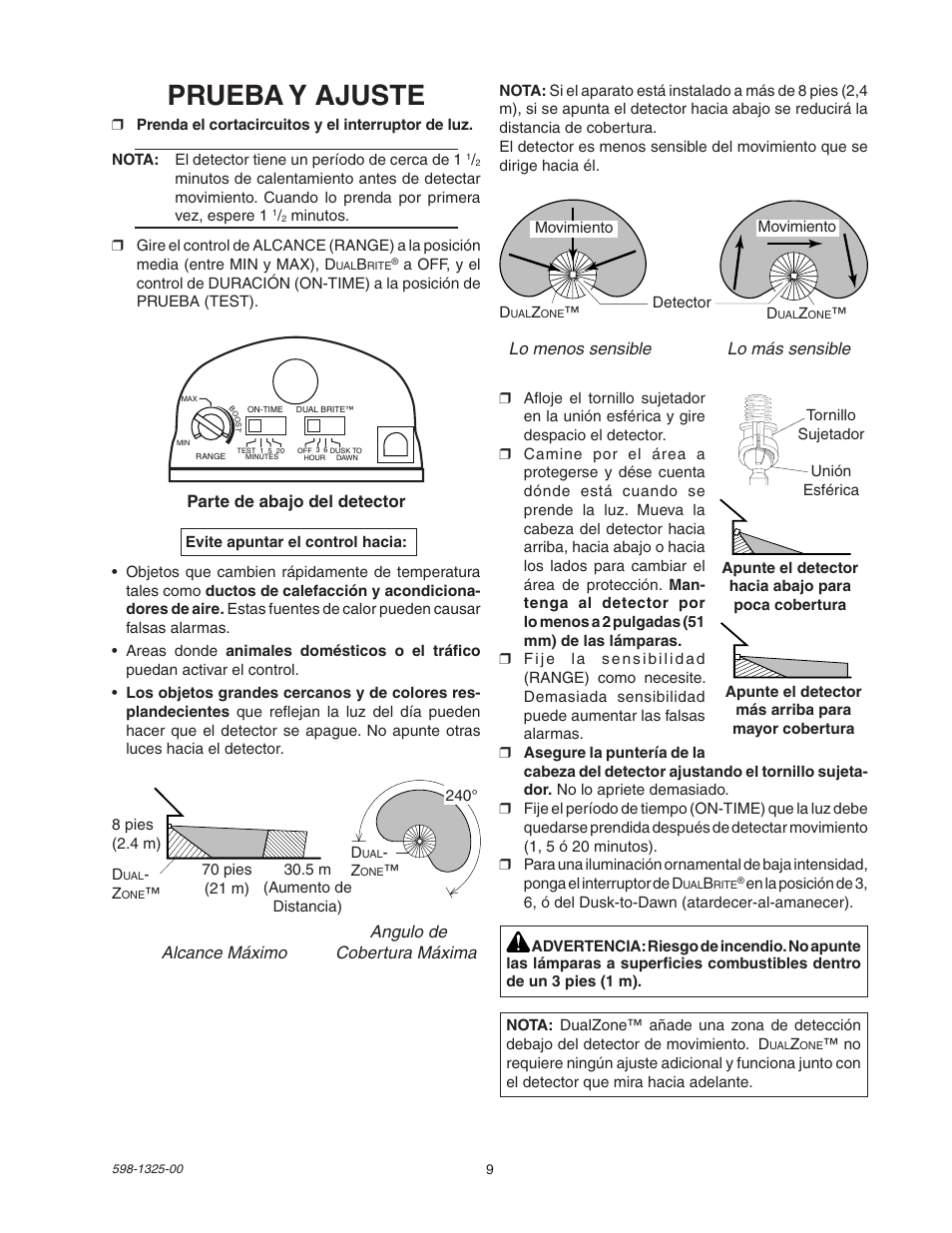 Prueba y ajuste | Heath Zenith DualBrite Motion Sensor Light Control 2LBL3 User Manual | Page 9 / 16
