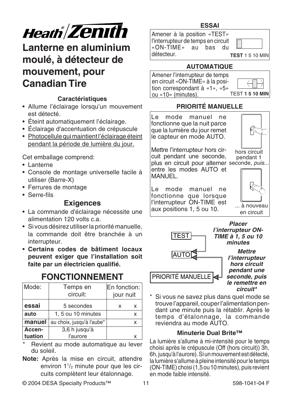 Fonctionnement, Exigences | Heath Zenith DUAL BRITE 598-1041-04 User Manual | Page 11 / 16