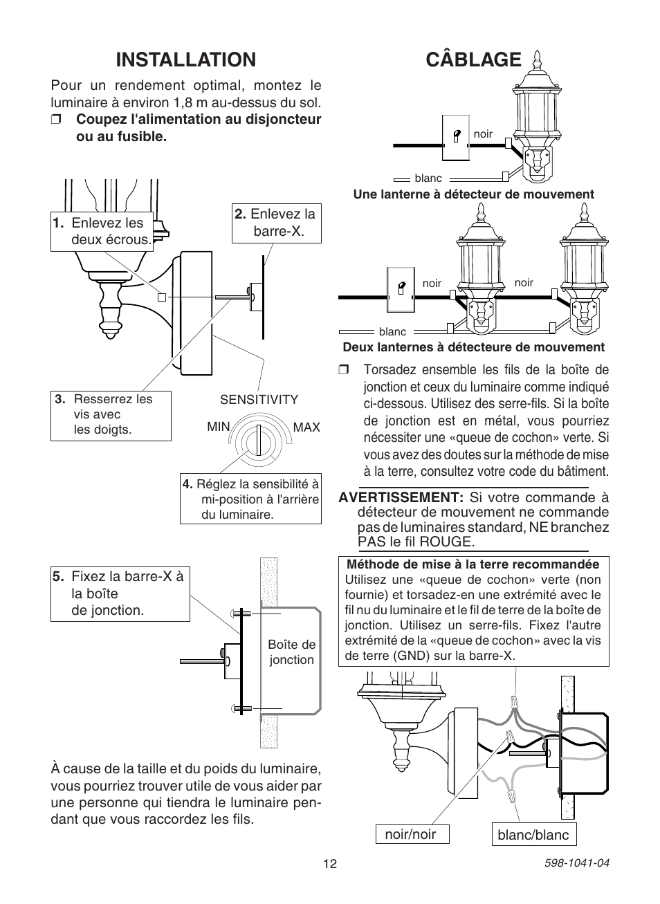 Installation, Câblage | Heath Zenith DUAL BRITE 598-1041-04 User Manual | Page 12 / 16