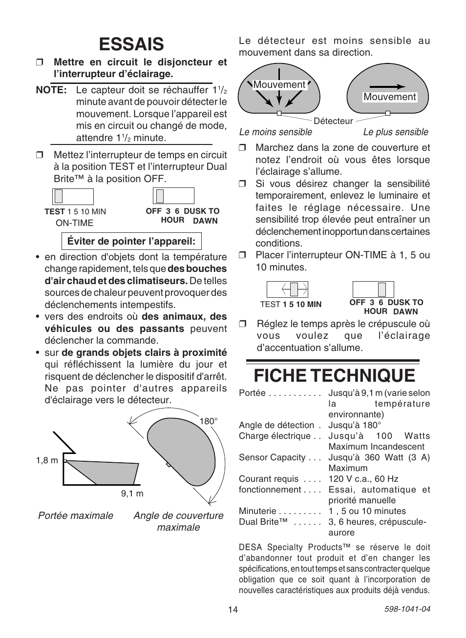 Essais, Fiche technique | Heath Zenith DUAL BRITE 598-1041-04 User Manual | Page 14 / 16