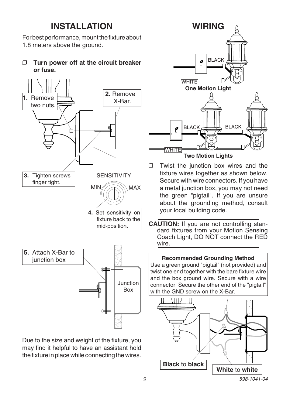 Installation, Wiring | Heath Zenith DUAL BRITE 598-1041-04 User Manual | Page 2 / 16