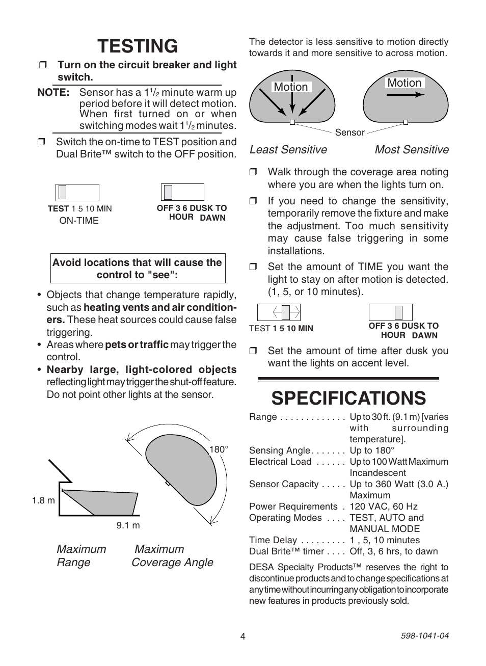 Testing, Specifications | Heath Zenith DUAL BRITE 598-1041-04 User Manual | Page 4 / 16