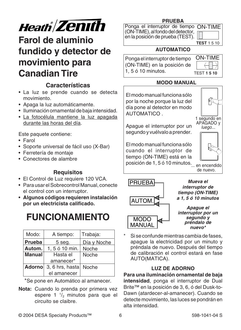 Funcionamiento, Características | Heath Zenith DUAL BRITE 598-1041-04 User Manual | Page 6 / 16