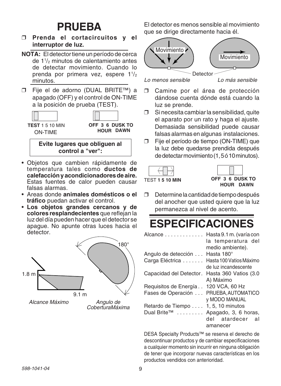 Prueba, Especificaciones | Heath Zenith DUAL BRITE 598-1041-04 User Manual | Page 9 / 16