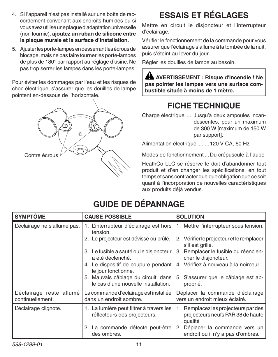 Fiche technique, Essais et réglages, Guide de dépannage | Heath Zenith Dusk to Dawn Light Control UT-5403-BZ User Manual | Page 11 / 12