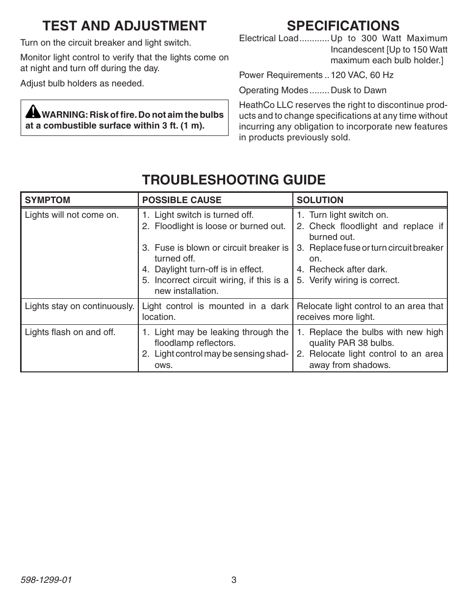 Specifications, Test and adjustment, Troubleshooting guide | Heath Zenith Dusk to Dawn Light Control UT-5403-BZ User Manual | Page 3 / 12