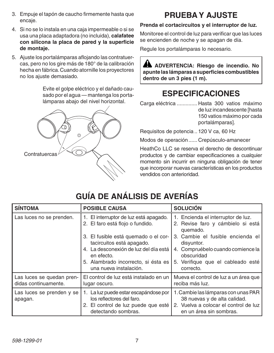 Especificaciones, Prueba y ajuste, Guía de análisis de averías | Heath Zenith Dusk to Dawn Light Control UT-5403-BZ User Manual | Page 7 / 12
