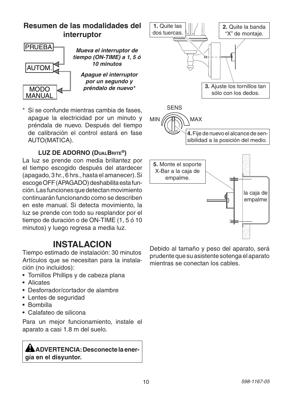 Instalacion, Resumen de las modalidades del interruptor | Heath Zenith DualBrite PF-4192-BK User Manual | Page 10 / 24