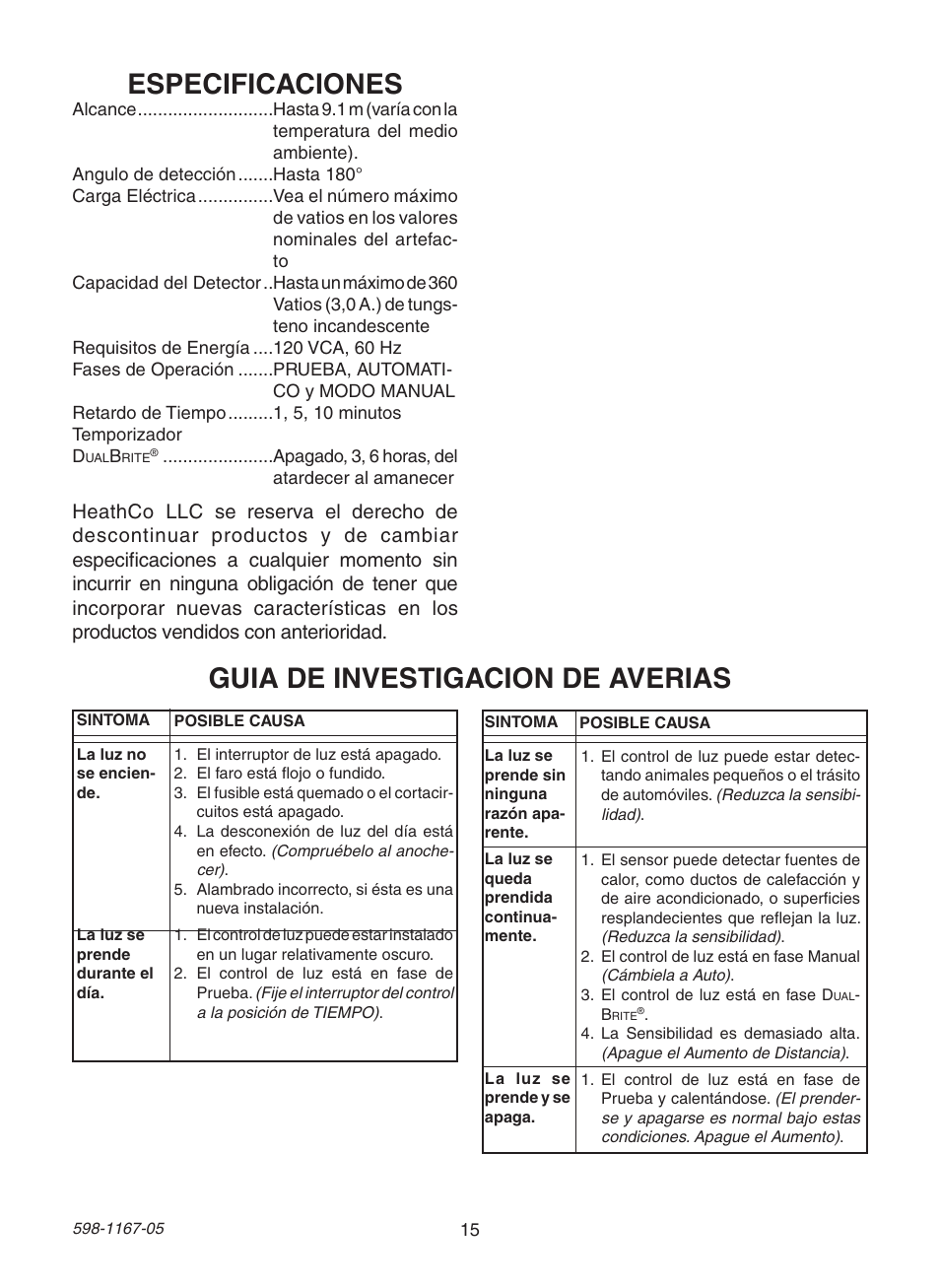 Especificaciones, Guia de investigacion de averias | Heath Zenith DualBrite PF-4192-BK User Manual | Page 15 / 24