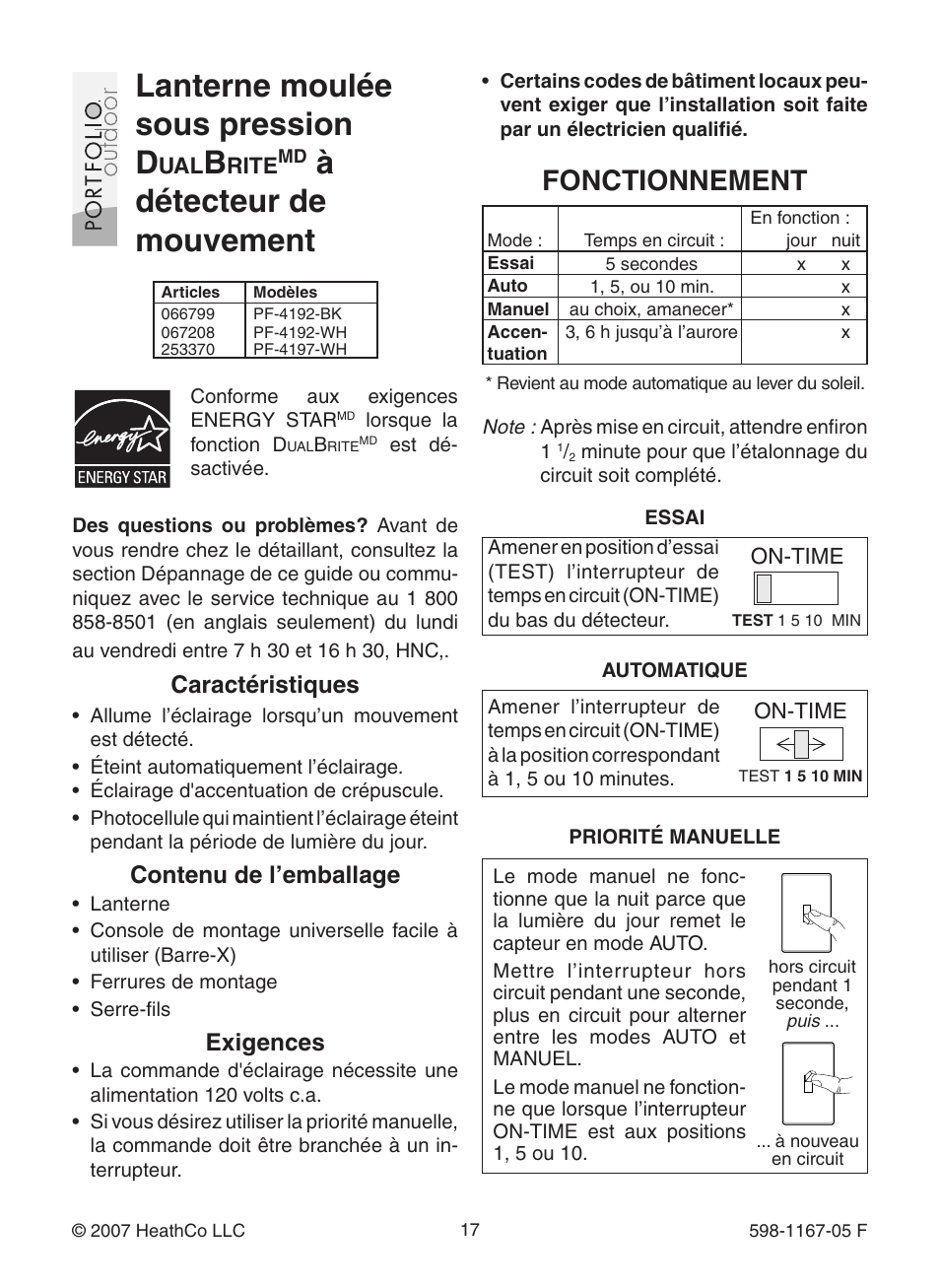 Lanterne moulée sous pression d, Àdétecteur de mouvement, Fonctionnement | Caractéristiques, Contenu de l’emballage, Exigences | Heath Zenith DualBrite PF-4192-BK User Manual | Page 17 / 24