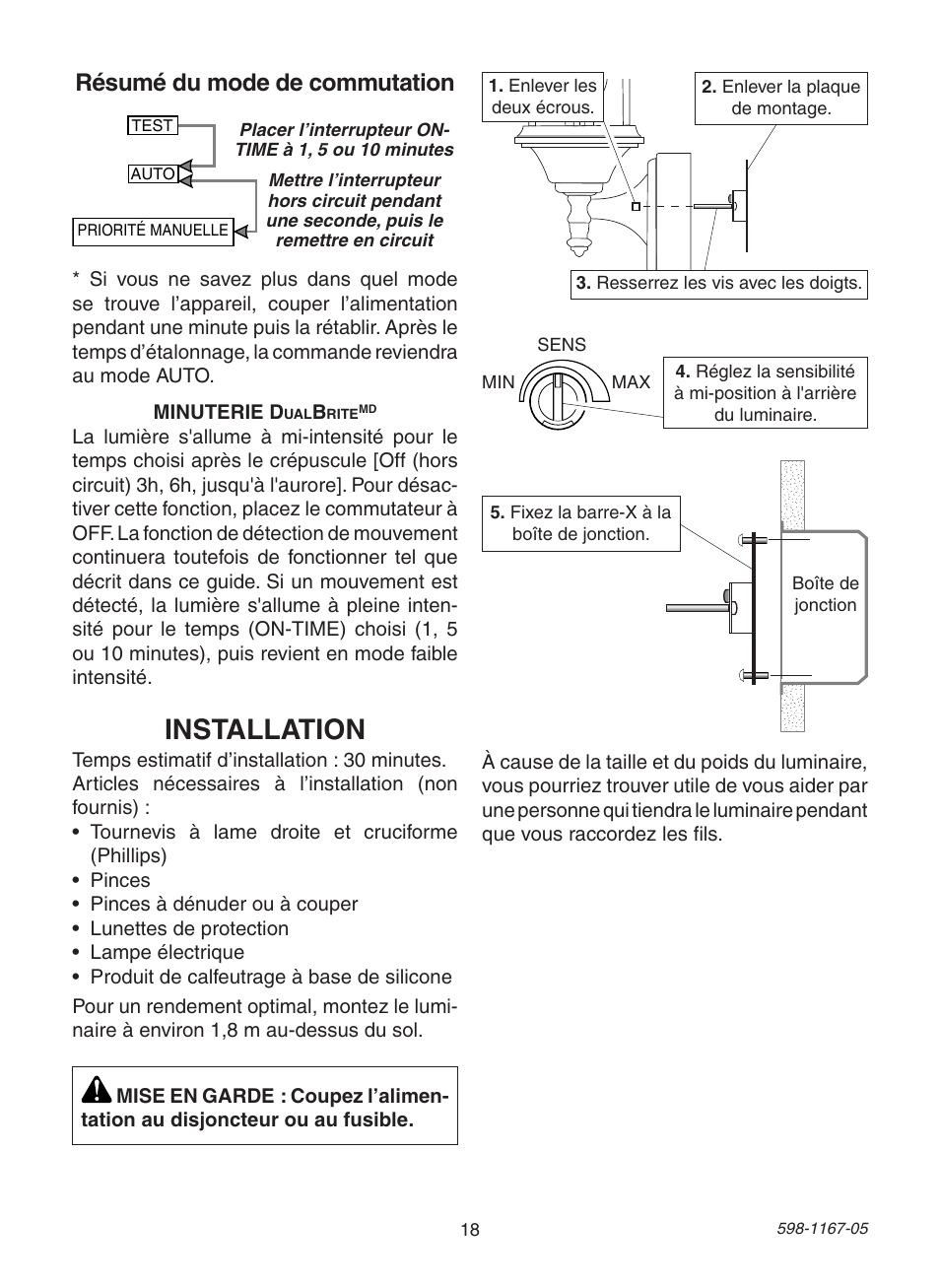 Installation, Résumé du mode de commutation | Heath Zenith DualBrite PF-4192-BK User Manual | Page 18 / 24