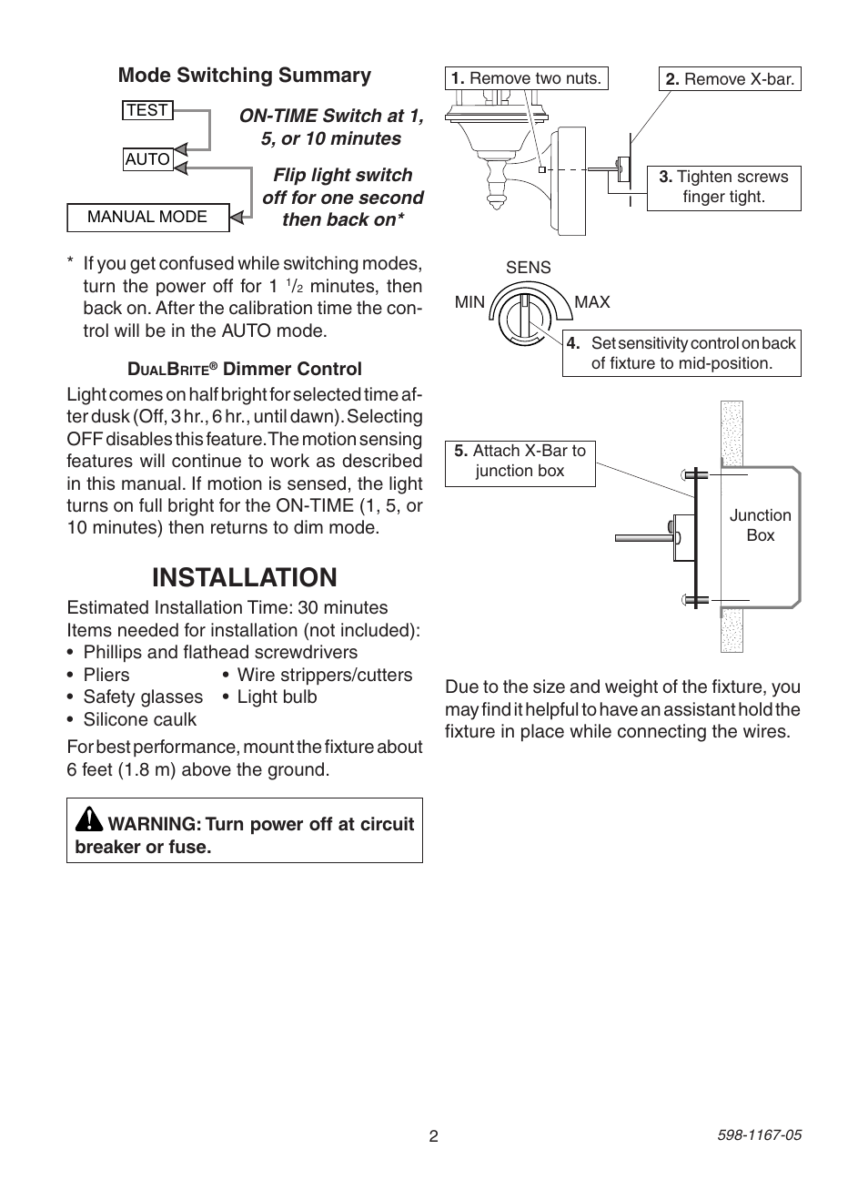 Installation, Mode switching summary | Heath Zenith DualBrite PF-4192-BK User Manual | Page 2 / 24