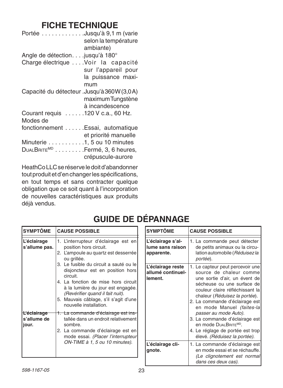 Fiche technique, Guide de dépannage | Heath Zenith DualBrite PF-4192-BK User Manual | Page 23 / 24