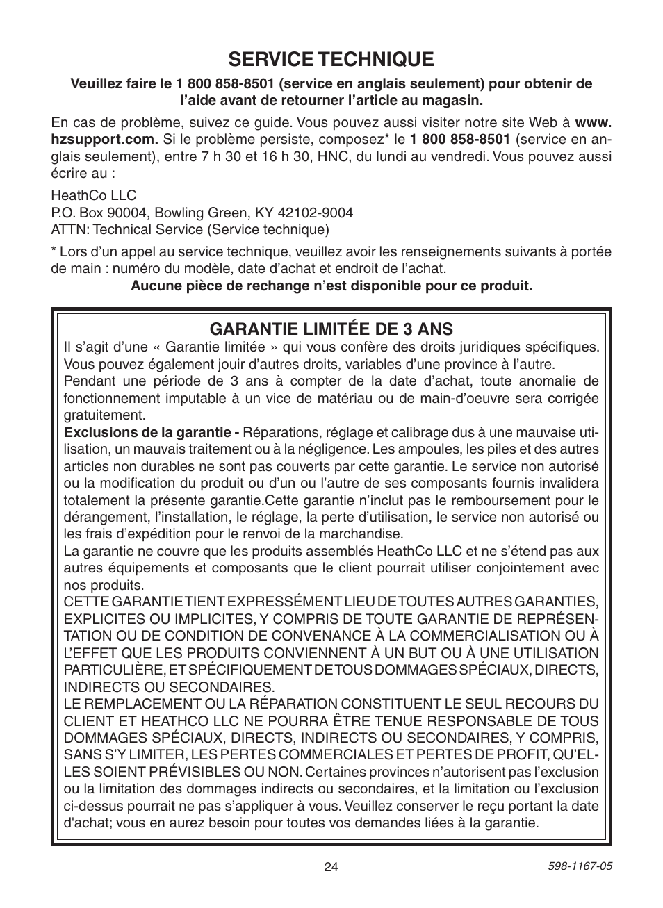 Service technique, Garantie limitée de 3 ans | Heath Zenith DualBrite PF-4192-BK User Manual | Page 24 / 24