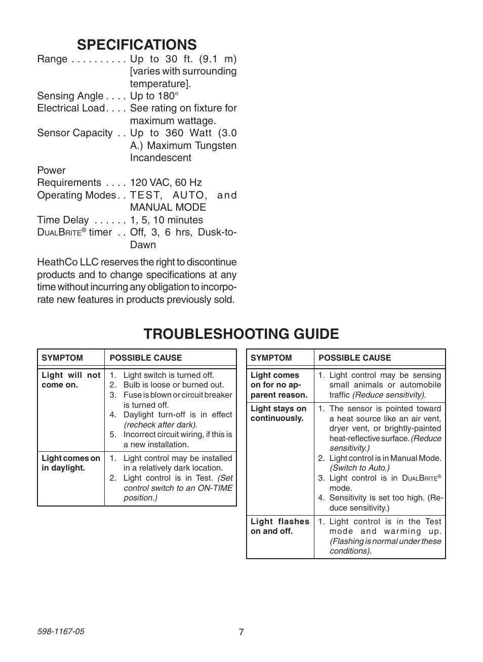 Specifications, Troubleshooting guide | Heath Zenith DualBrite PF-4192-BK User Manual | Page 7 / 24