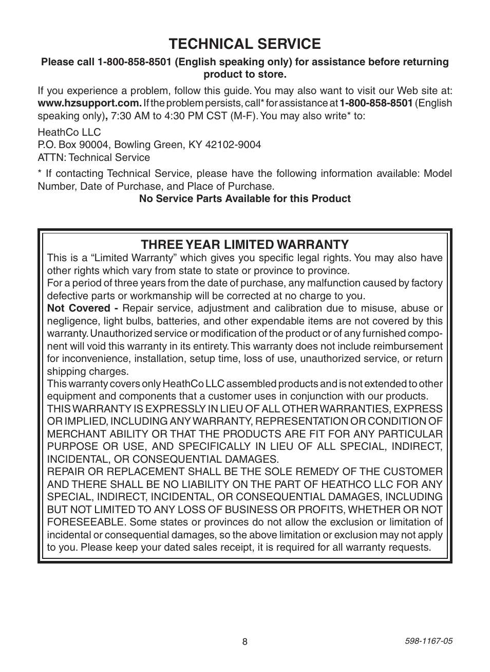 Technical service, Three year limited warranty | Heath Zenith DualBrite PF-4192-BK User Manual | Page 8 / 24