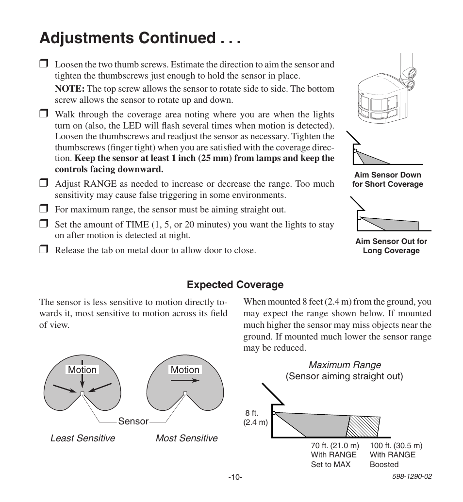 Adjustments continued | Heath Zenith Motion Sensing Security Light UT-9250-BZ User Manual | Page 10 / 42