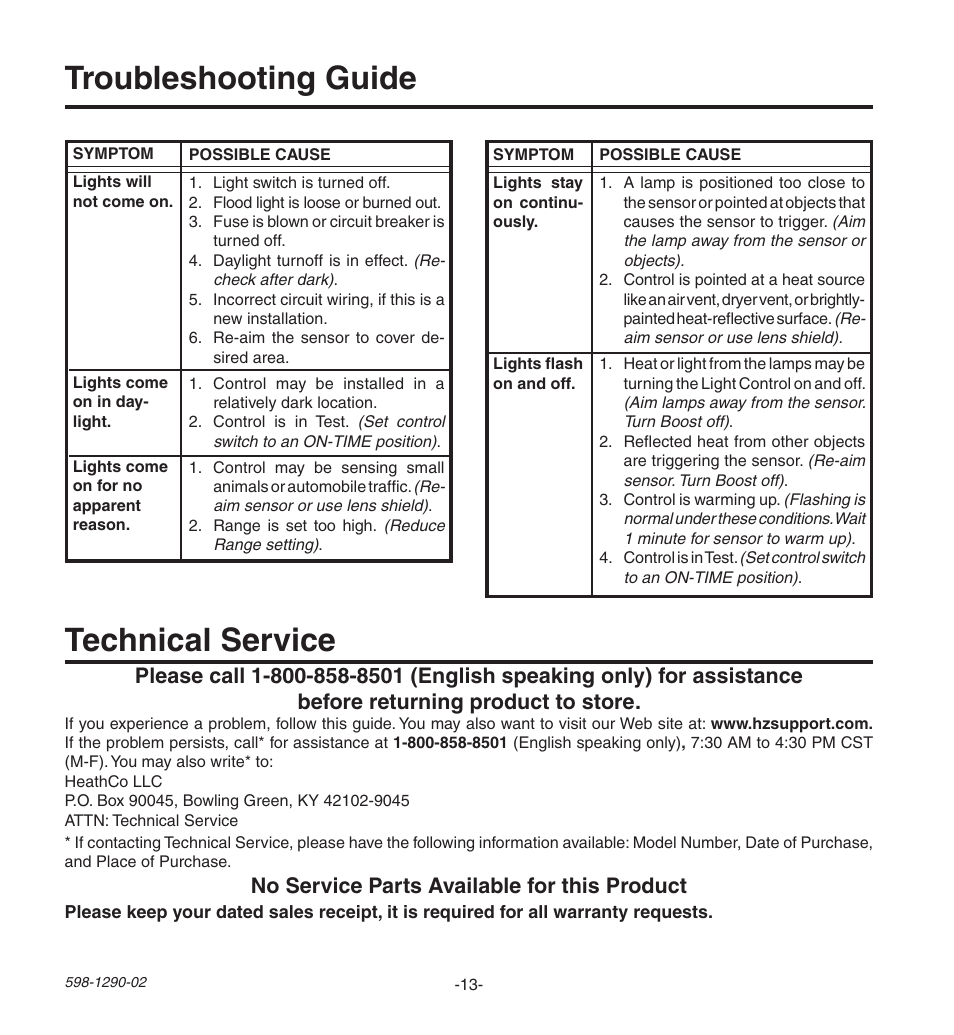 Troubleshooting guide technical service, No service parts available for this product | Heath Zenith Motion Sensing Security Light UT-9250-BZ User Manual | Page 13 / 42
