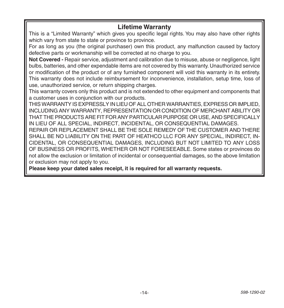 Lifetime warranty | Heath Zenith Motion Sensing Security Light UT-9250-BZ User Manual | Page 14 / 42