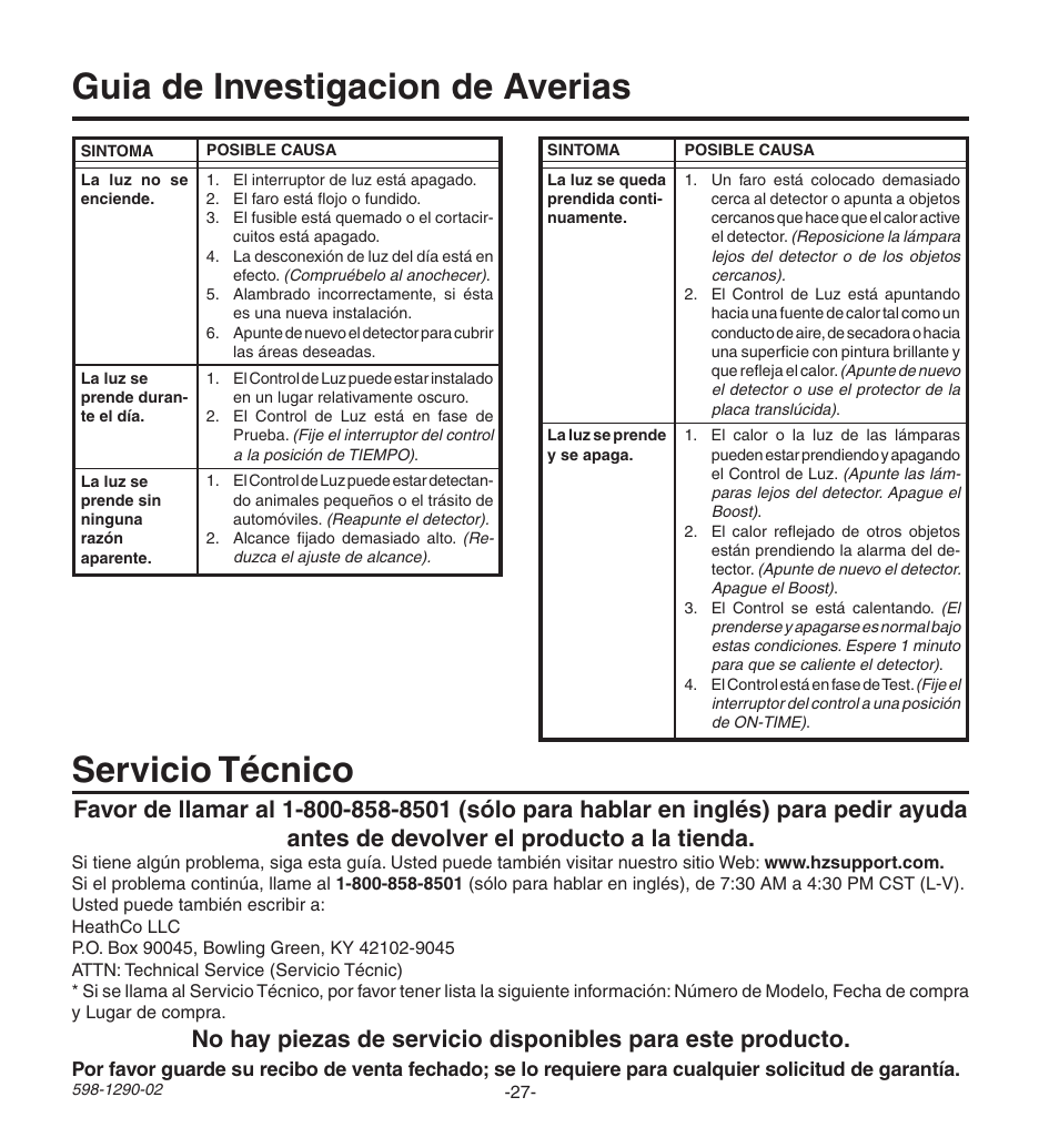 Guia de investigacion de averias, Servicio técnico | Heath Zenith Motion Sensing Security Light UT-9250-BZ User Manual | Page 27 / 42