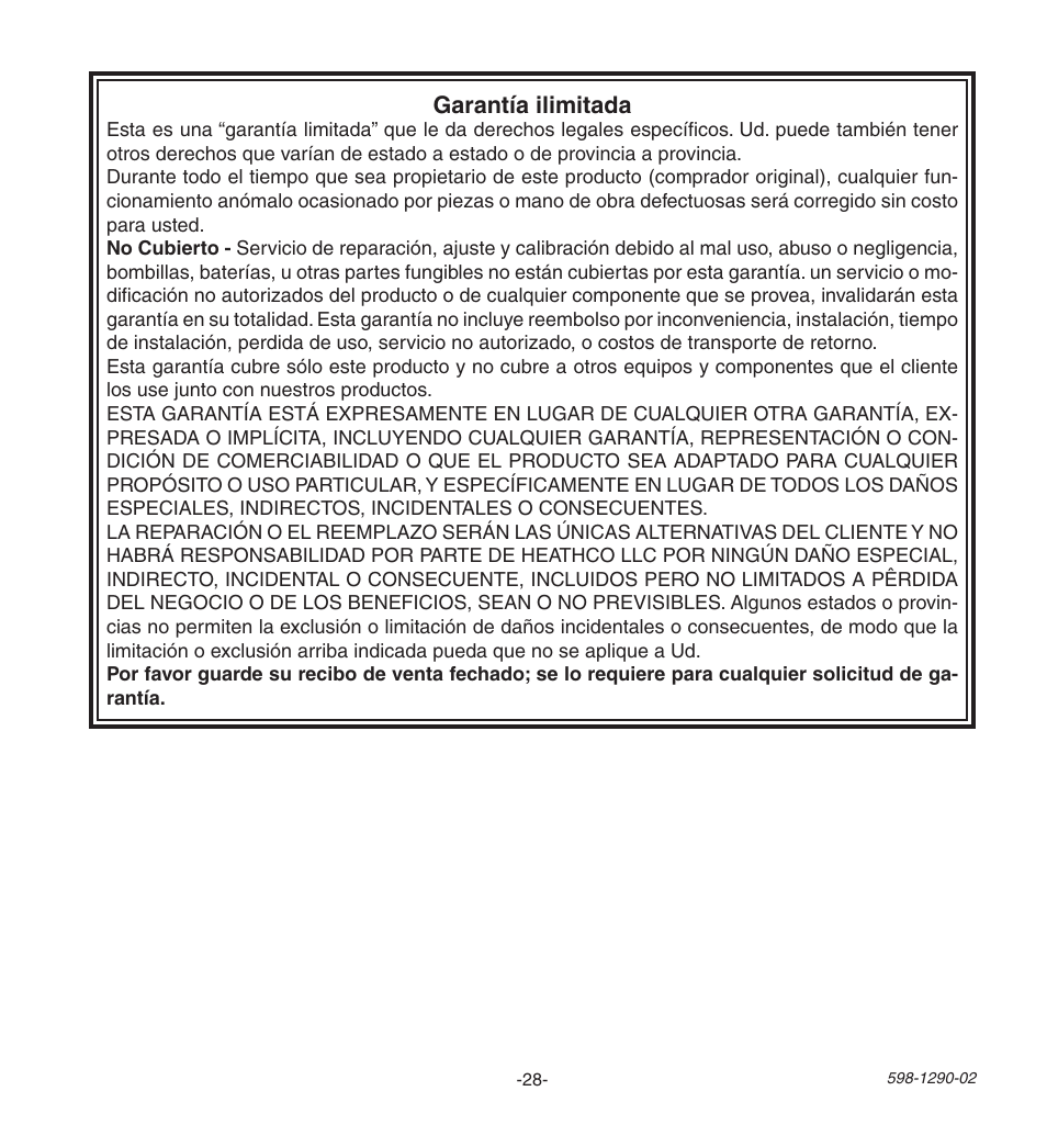 Garantía ilimitada | Heath Zenith Motion Sensing Security Light UT-9250-BZ User Manual | Page 28 / 42